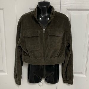 Arie Women's Green Jacket Size Small Cropped Ribbed Velour Textured